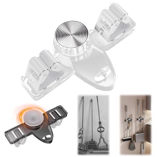 Broom Holder Mop Hanger Wall Mount, No Drill Suction Cup Mop and Broom Organizer with Hooks, Space Saving Adjustable Rack Removable Mop Clip for Bathroom, Kitchen, Garage, Laundry Room (White), Set of 2