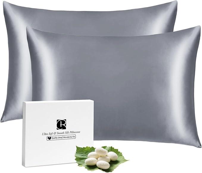 Ravmix Silk Pillow Cases 2 Pack with Zipper, 21momme Mulberry Silk Pillowcase for Hair Skin, Soft Smooth Breathable Cool Pillow Cover for Beauty Sleep with Gift Box(Standard 20"x26", Lilac Grey)