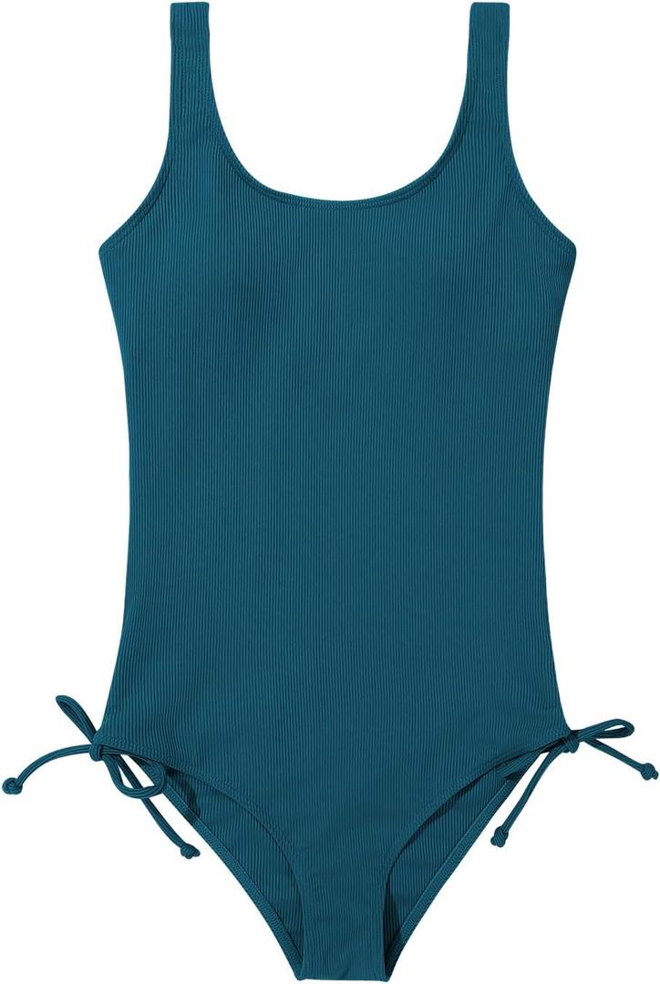 Patgoal Girls One Piece Swimsuits Ribbed Bathing Suit Teen Girls Adjustable Straps Drawstring Athletic Swimwear Swim Suit (11-12 Years, Navy Blue)