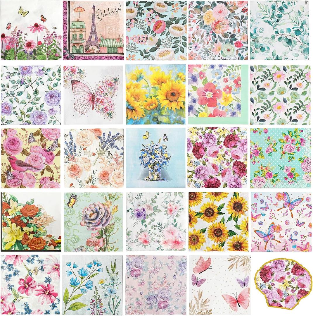 24 Pack Floral Decoupage Napkins Assorted - Gorgeous Butterflies Wildflower Watercolor Designs, 6.5 Inch Flower Cocktail Paper Napkins for DIY Crafting, Birthday Party, Art Projects & Decor