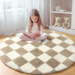KICMOR Round Rugs for Bedroom, 4ft Fluffy Soft Circle Area Rug Beige and Cream White Checkered Shag Shaggy Carpet Small Living Room Circular Rug for Kids Boys Girls Dorm Nursery Home Decor Aesthetic