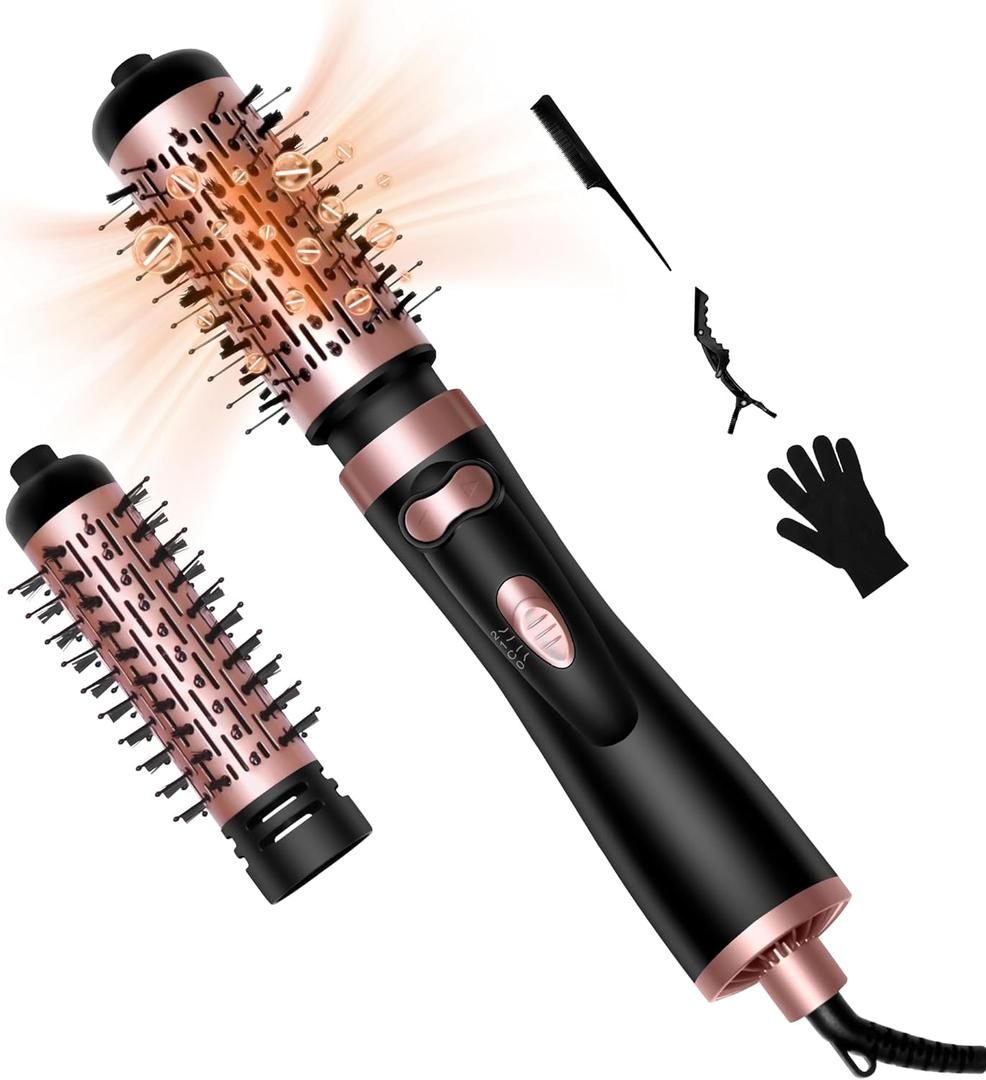 Hair Dryer Brush, 3-in-1 Rotating Round Hot Air Spin Brush Set with 2 Brushes (2" & 1.5"), Negative Ionic Blow Volumizer, 2 Detachable Auto-Rotating Curling Brush (Black Gold)