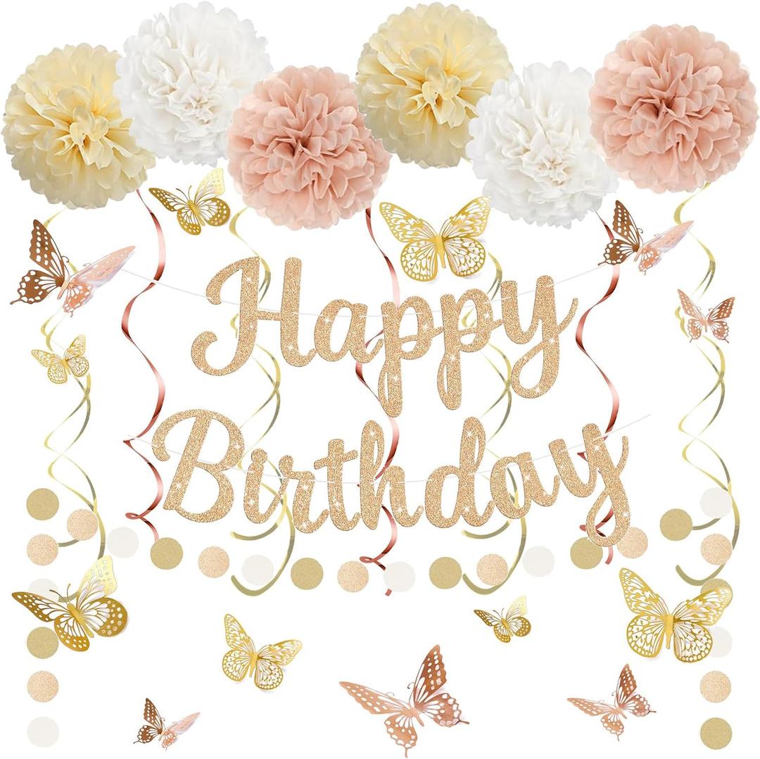 Champagne Gold Birthday Decorations for Women, Pre-Strung Happy Birthday Banner with Tissue Paper PompomsHanging Swirl Streamers, 3D Butterfly Decorations, Beige Boho Birthday Party Supplies