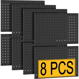 PBHEPJ 8 Pcs Metal Pegboard Panels, Heavy Duty Peg Boards for Garage and Garden Tool Storage, Includes Drywall Anchors and Screws Kits, Black (8 pcs 16in x 12in) (64" x 24")