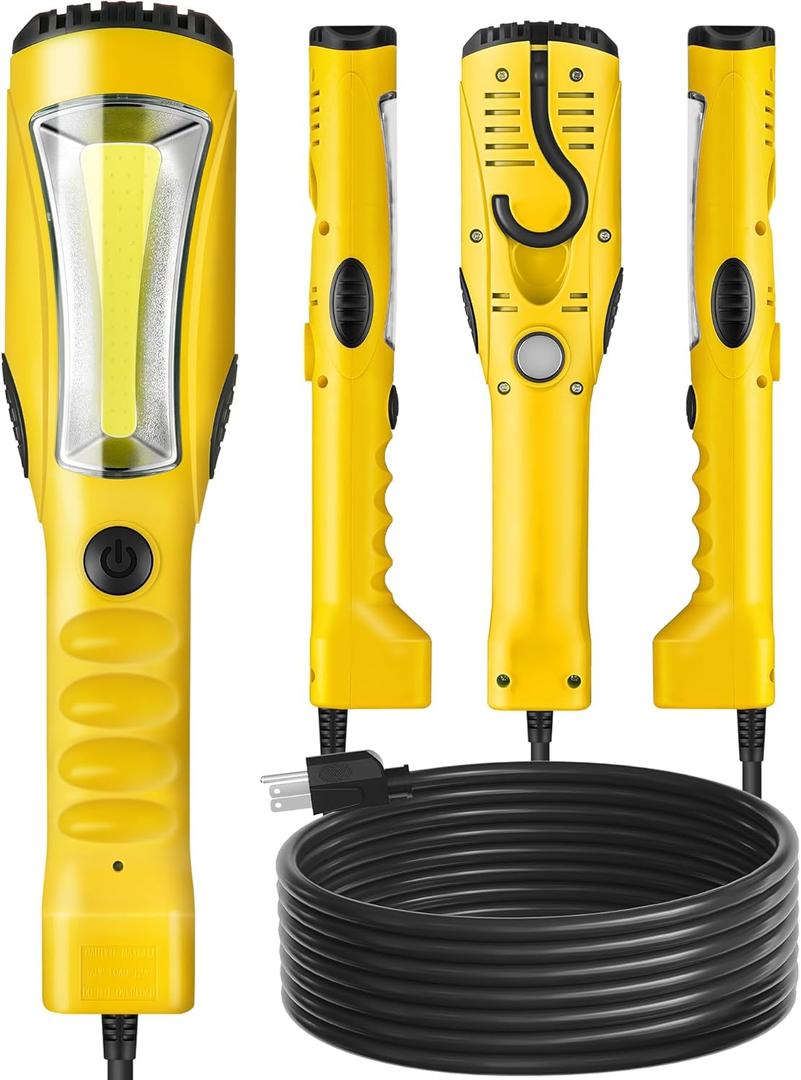 18W LED Work Light, 25FT 2000LM COB LED Light, Handheld Underhood Trouble Light with Cord 16 Gauge SJTW, Swivel Hook, for Garage, Workshop, Car Repair Scene, ETL Listed, Yellow Y04WL06