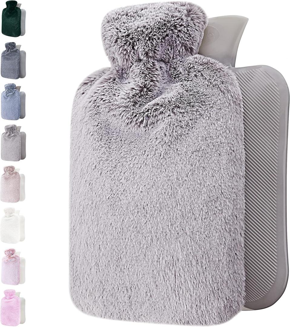 Qomfor Hot Water Bottle with Soft Cover - 1.8L Large - Classic Hot Water Bag for Pain Relief, Neck and Shoulders, Feet Warmer, Menstrual Cramps, Hot and Cold Therapy - Great Gift - Light Grey