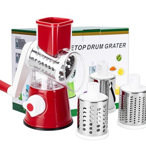 Rotary Cheese Grater Hand Crank Cheese Shredder with 3 Stainless Steel Blades, Rotary Grater, for Fresh Cheese, Vegetable, Nuts,Non-slip Suction Base, Red