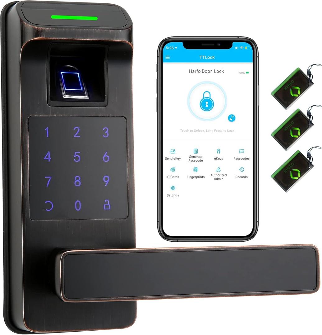 Harfo Fingerprint Door Lock, Heavy Duty Full APP Control Touchscreen Keypad Keyless Lock with Reversible Handle, Perfect for Home/Office/Bedroom Doors (Aged Bronze)
