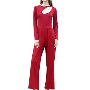 RONGTAI Womens Jumpsuit High Waist Dressy Casual Loose Overalls One Piece Long Sleeve Wide Leg Pant Romper Red L