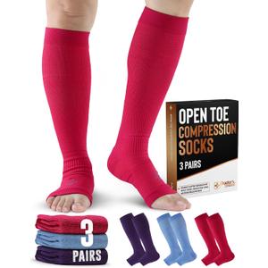 Doctor's Select 3 Pairs Copper Toeless Compression Socks Women & Men - 20-30 mmHg Open Toe, Knee High Footless Compression Socks Women, Pink, Purple, Blue (Large-X-Large)
