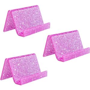 Rouidr Business Card Holder for Desk, 3 Pack Acrylic Business Card Holder Display for Office Desktop, School, Hotel Front Desk, Pink