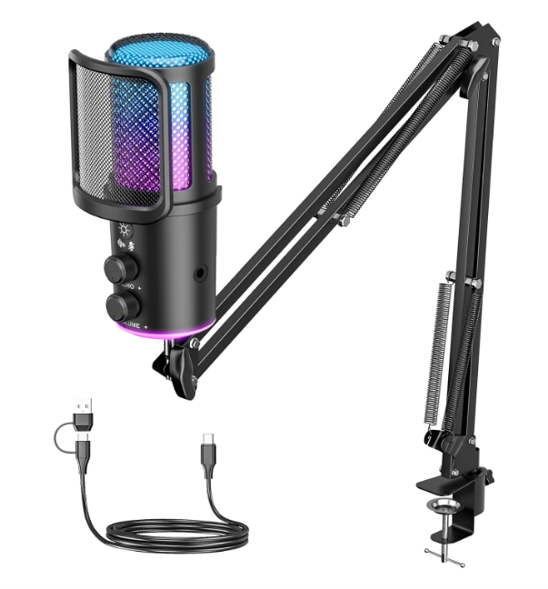 Gaming USB Microphone, Noise Cancellation Condenser Mic with Mute,Boom Arm MicReverb Adjustment, Monitoring for Streaming, Podcasting, Discord, YouTube,PC, Computer, PS4, PS5, Mac