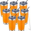 COMOOO 20oz 8 Pack Tumbler Double Wall Vacuum Insulated Coffee Travel Mug Stainless Steel Tumbler Bulk with Lid and Straw Insulated Coffee Cup for Cold & Hot Drinks (Orange, 8 Pack)