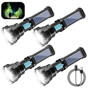 Rumiom Solar/ Rechargeable LED Flashlights, Multi Function Flashlight with 2000 mAh Battery, Emergency Strobe Light, Waterproof, Fast USB Charging, Survival Gear and Supplies for Camping, 4 Pack
