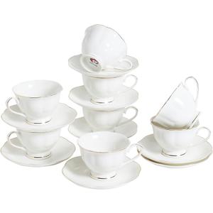 White Ceramic Tea Cup and Saucer Set of 8 (16-Piece) - 6oz Elegant Porcelain Cups with Gold Rim, 8 Cups & 8 Saucers for Tea Party