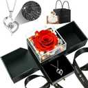 Preserved Real Rose with Heart Necklace  I Love You in 100 Languages, Forever Romantic Anniversary Valentines Day Gifts for Her, Wife, Girlfriend (Red)