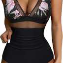 SUUKSESS Women Sexy Mesh Tummy Control Swimsuit Push Up High Waisted Bathing Suit  M 10 Tropical Floral Black