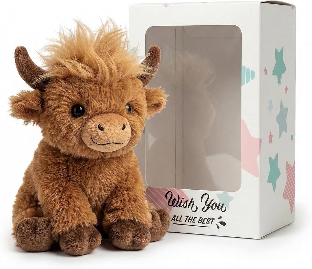 Highland Cow Plush - 8 Inch Ultra-Soft Highland Cow Stuffed Animal, Squishy Sitting Scottish Cattle Stuffy, Desk Decor & Highland Cow Gifts for Kids, Teens & Adults