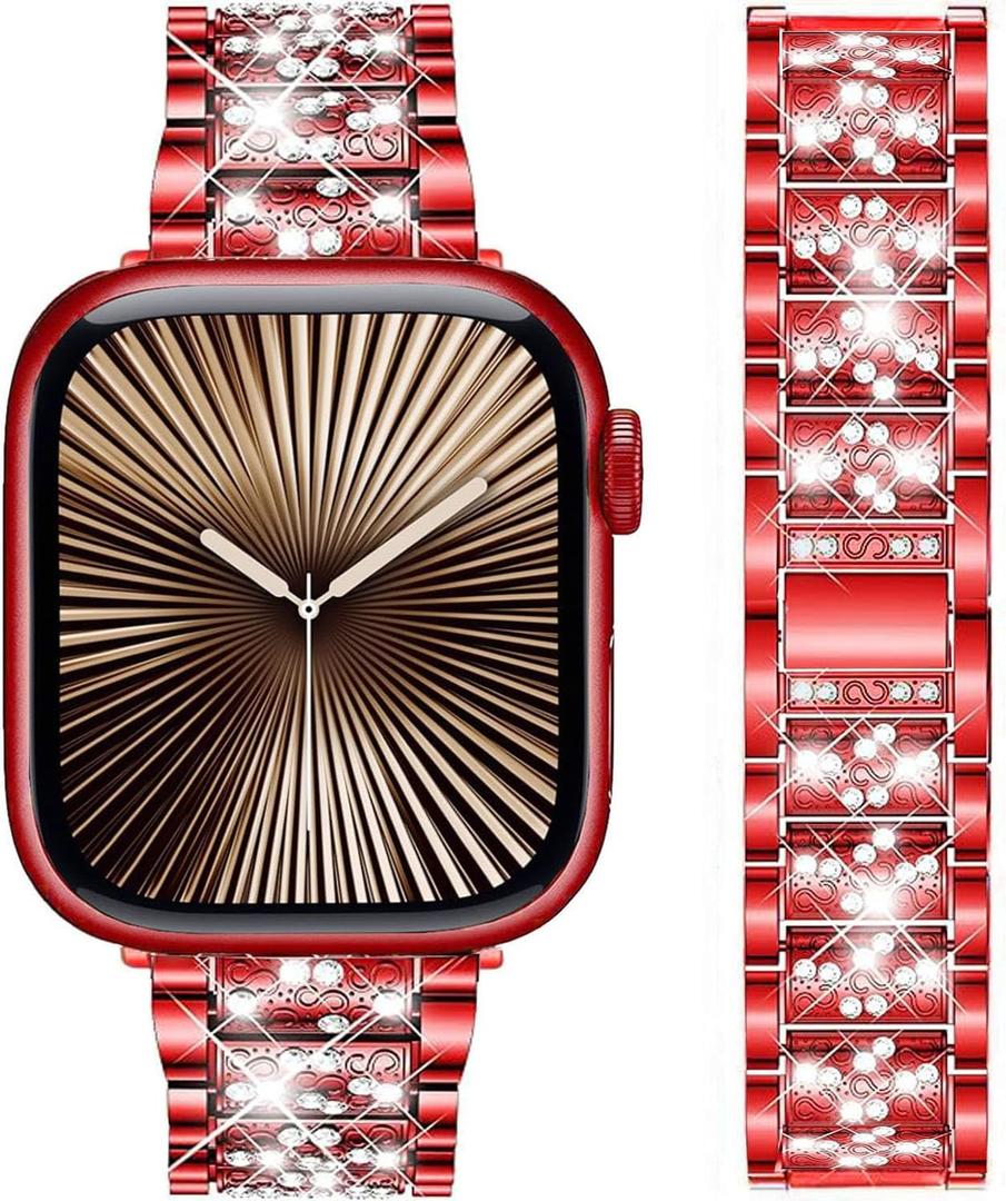 Bands Compatible with Apple Watch 49mm 46mm 42mm 45mm 41mm 44mm 40mm, Bling Rhinestone Diamond Metal Replacement Strap for iWatch Series 10/9 / 8/7 / 6/5 / 4/3 / SE/Ultra Women Men