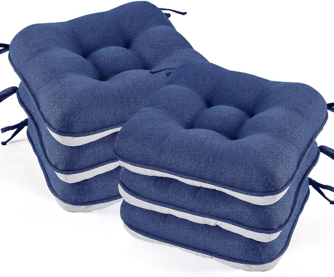 BETU Chair Cushions for Dining Chairs Set of 6,3.5" Thick Outdoor Indoor Chair Pads with Ties,Non Slip Backing and Covers, Seat Cushion for Kitchen Dining,Bar,Patio Furniture15.5"X15.5"X3.5",Navy Blue