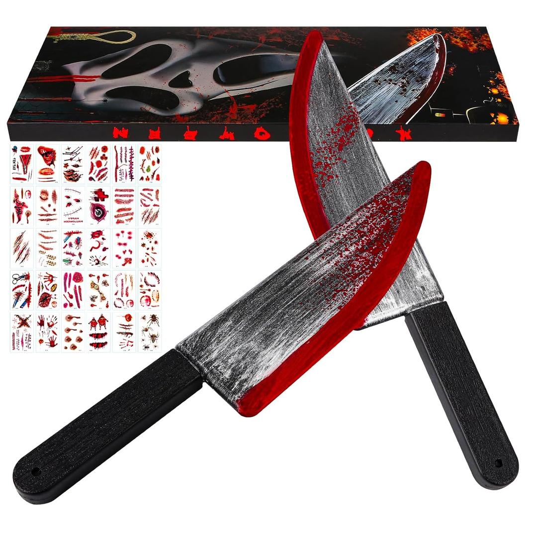 2Pcs Fake Chucky Knife with 30pcs Tattoo Stickers,Halloween Bloody Ghostface Props Toy Knife Set Horror Movie Scream Props Knife Scary for Halloween Costume Cosplay Accessories and Makeup Parties