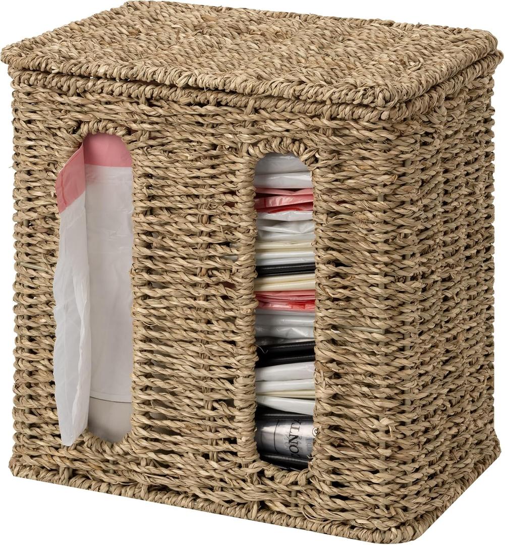 StorageWorks Garbage Bag Dispenser with Lid, Wall Mount Seagrass Plastic Bag Holder for Kitchen, Cabinet, Countertop, 2 Slots