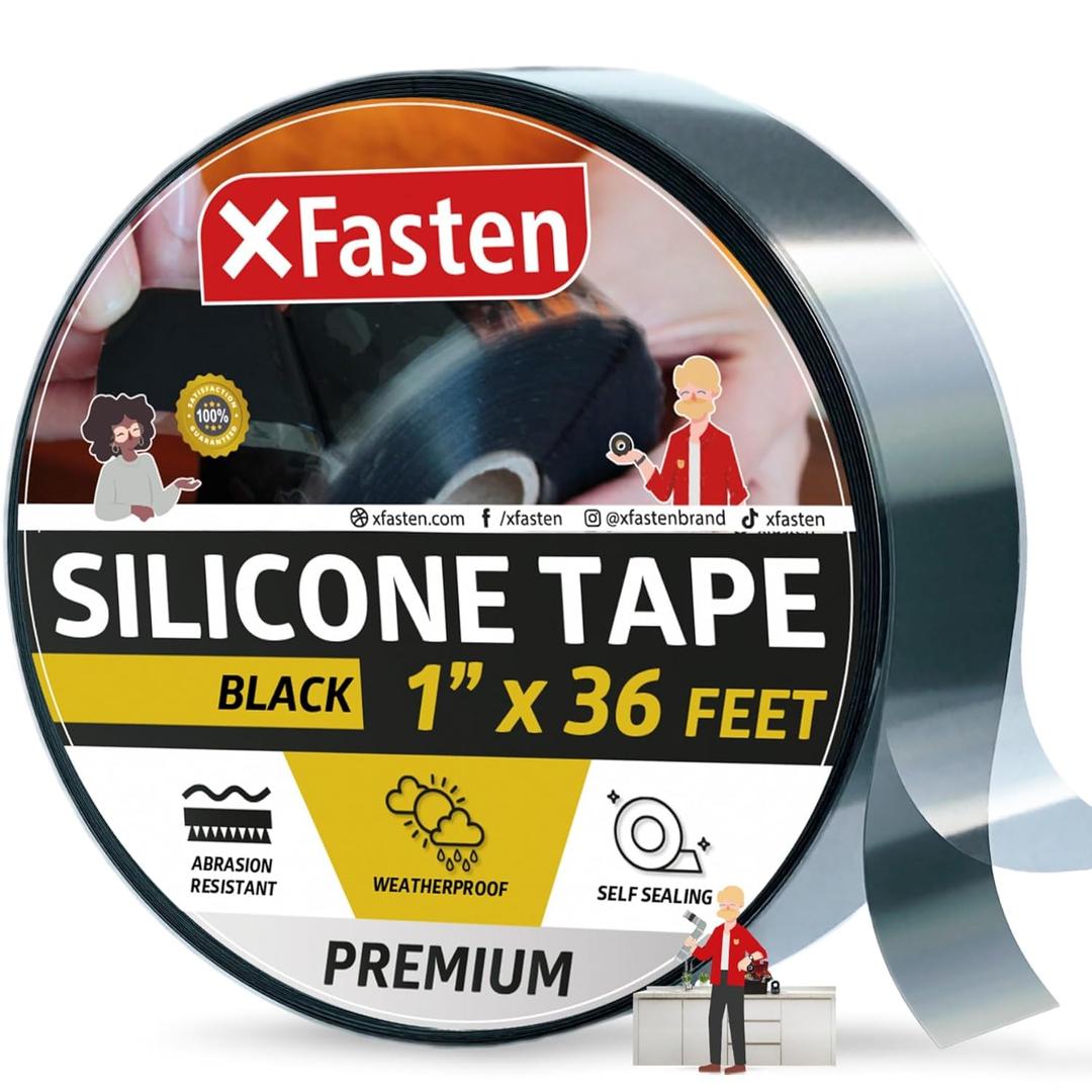 XFasten Self Fusing Silicone Tape Waterproof  1" x 36 Feet Black, Self Amalgamating Tape, Silicone Rubber for Plumbing, Sealing Pipes, Hose Repair, Outdoor Coax and Electrical Cables  Weatherproof