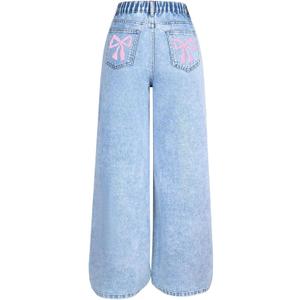WDIRARA Girl's Bow Print Wide Leg Baggy Jeans Y2k Elastic High Waist Denim Pants (Light Blue)
