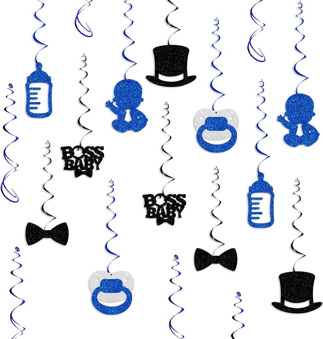 Boss Baby Shower Decorations for Boys, Black Blue Glitter Boss Boy Hanging Swirls for Welcome Baby Boy Baby Shower Gender Reveal 1st Birthday Party Supplies