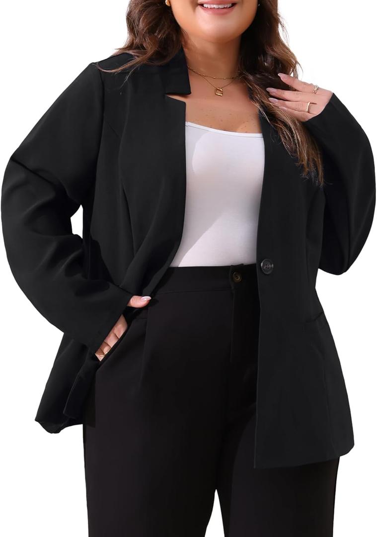 Agnes Orinda Plus Size Business Suit Blazer for Women Office Work Button Long Sleeve Black Blazers Jackets, Black, 4XL