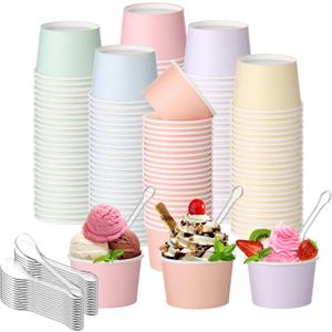 Boao 100 Set 5 oz Ice Cream Cups with Spoons Disposable Paper Sundae Dessert Bowls Summer Party Supplies (Classic Style)