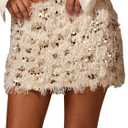 MakeMeChic Women's Shiny Sequin Mini Skirt Furry Faux Fur Bodycon Fall Party Skirts Clubwear (Large, Apricot)