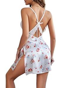 Avidlove Lingerie For Women Satin Nightgown Lace Babydoll Silk Sleepwear Mini Nightdress Side Slit (Small)