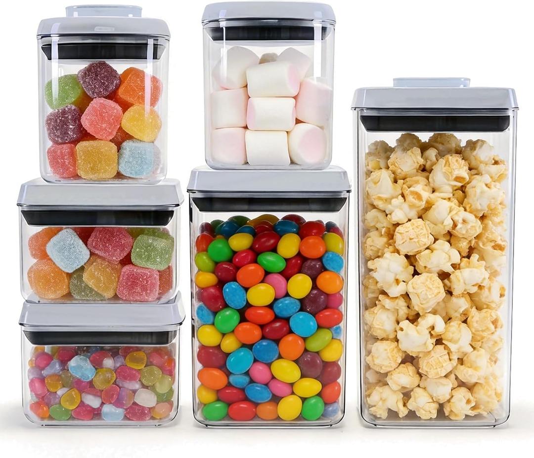 6 Pcs POP Container Set, Airtight Food Storage with Lids, Push Button Seal BPA-Free Set for Pantry, 0.65QT/0.7QT/1.8QT/2.4QT for Bulk Dry Food, Cereal, Flour, Sugar, RV Kitchen Storage