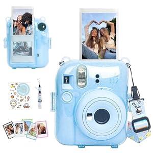 CAIYOULE Clear Case Compatible with Fujifilm Mini 12, Protective Camera Case with Upgraded Photo Storage Pocket, DIY Sticker, Mini Frames, Hard PC - Glitter Blue