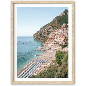 HesenDot Natural OAK Wood Framed Italian Positano Beach Wall Art,12x16in Amalfi Coast Canvas Wall Print, Summer Coastal Landscape Poster Wall Decor for Living Room, Bedroom, Office Gallery Set of 1
