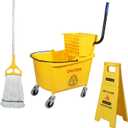 Side Press Wringer Combo Commercial Mop Bucket on Wheels, 35 Quart,Yellow, Including Wet Floor Caution Sign24Inch and One Industrail Mop