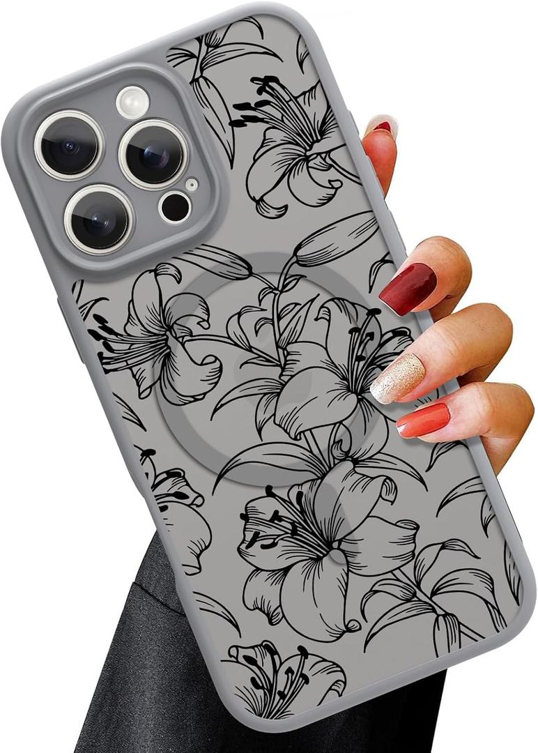 OOK Magnetic for iPhone 16 Pro Case Grey Flower Lily Pattern [Compatible with MagSafe] Slim Translucent Matte Camera Lens Protection Case for iPhone 16 Pro, Grey Lily Pattern (6.7")