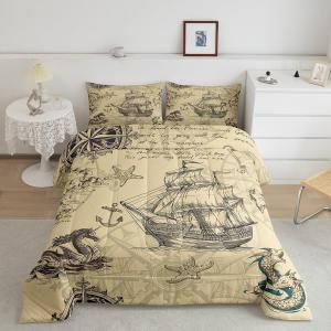 Erosebridal Vintage Sailboat Comforter Set Twin Size Retro Ocean World Map Duvet Insert for Kids Girls,Compass Sealife Bedding Set Fish Marine Life Quilted Duvet,Nautical Sea Animal Bedroom Decor (Multi 37)