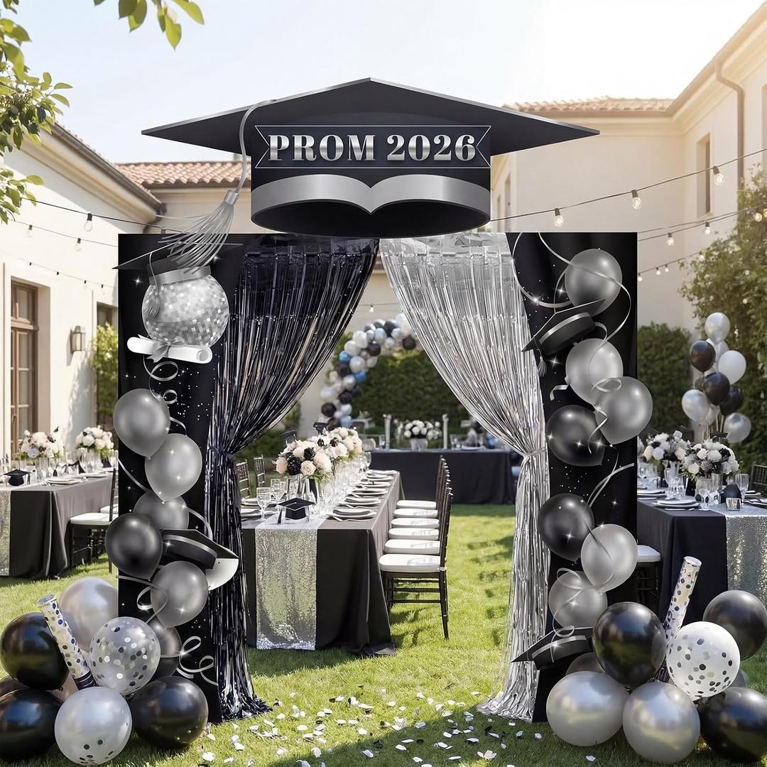 SmoothNovelty Black and Silver Prom 2026 Backdrop Decoration Set Include Grad Cap, Door Cover Kit, Tinsel Foil Curtain, 9.5 x 8.2FT Photo Booth Background Banner for Grad Graduations Party Favors