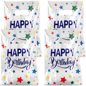 3 x Hxezoc 50 Pieces Birthday Candy Bags Happy Birthday Goodie Bag Plastic Treat Bags Gift Wrap with Handles Favor Bags For Birthday Party Decoration Supplies (White)