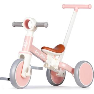 LOL-FUN Tricycle for Toddlers 1-3 Years Old Riding Toy, 5 in 1 Baby Balance Bike 2 Year Old Boys Girls with Parent Steering Push Handle, Pink