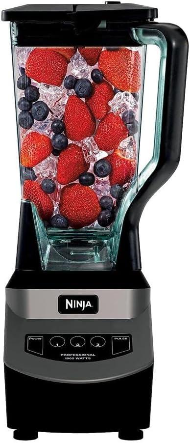 Ninja Blender, For-Smoothies, Salsa, Shakes, Slush, and-Frozen Drinks, Pitcher, and-Lid, for-Kitchen, Crushes Ice, Fruit, and-Veggies, 1000-Watt, Dishwasher Safe, Black, NJ601AMZ