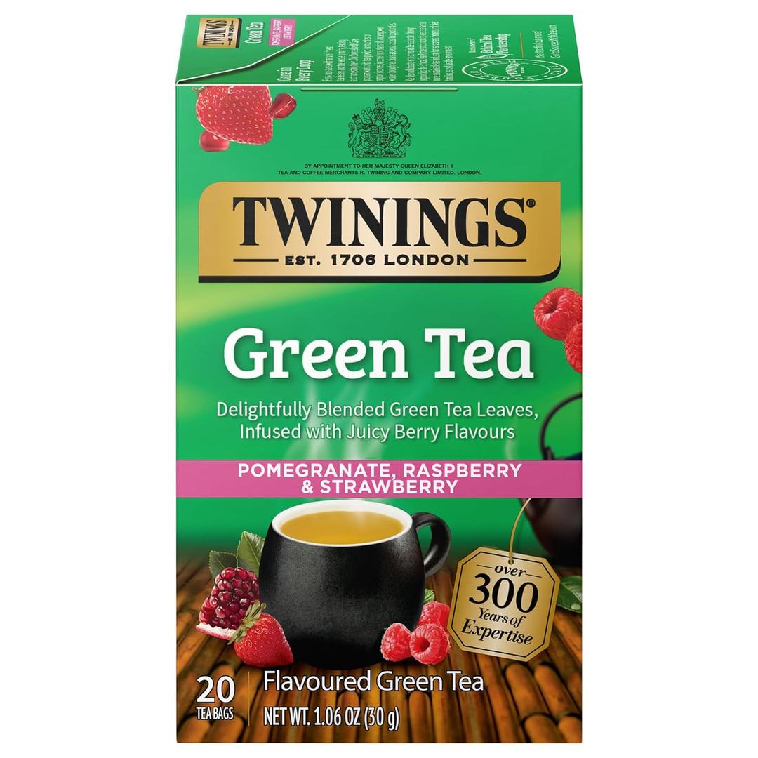 Twinings Green Tea with Pomegranate, Raspberry, & Strawberry Individually Wrapped Bags, 20 Count (Pack of 1), Caffeinated, Enjoy Hot or Iced, 20 Teabags (EXP 03/27/28)
