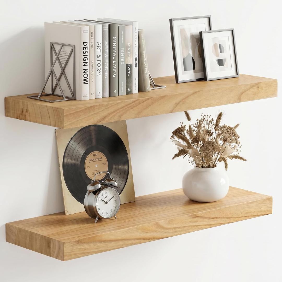 Fuqing 20 Inch Floating Shelves | 6.7 Inch Deep Natural Wood Shelves Set of 2 | 20''W x 6.7''D x 1.4''H Natural Wood Floating Shelves for Living Room Bathroom Bedroom Kitchen Home Office