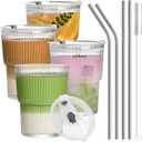13oz Iced Coffee Cups,4Pcs Glass Cups with Lids and Straws Drinking Glasses,Clear Ribbed Glassware,Reusable Tumbler Glass to Go Cup for Matcha, Iced Tea,Juice