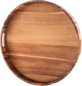 Extra Large 22INCH Premium Acacia Wood Tray Round Ottoman Tray with Handles Wooden Serving Tray Multi-Use for Dinner Breakfast in Bed Coffee Table Snack Entertaining Guests