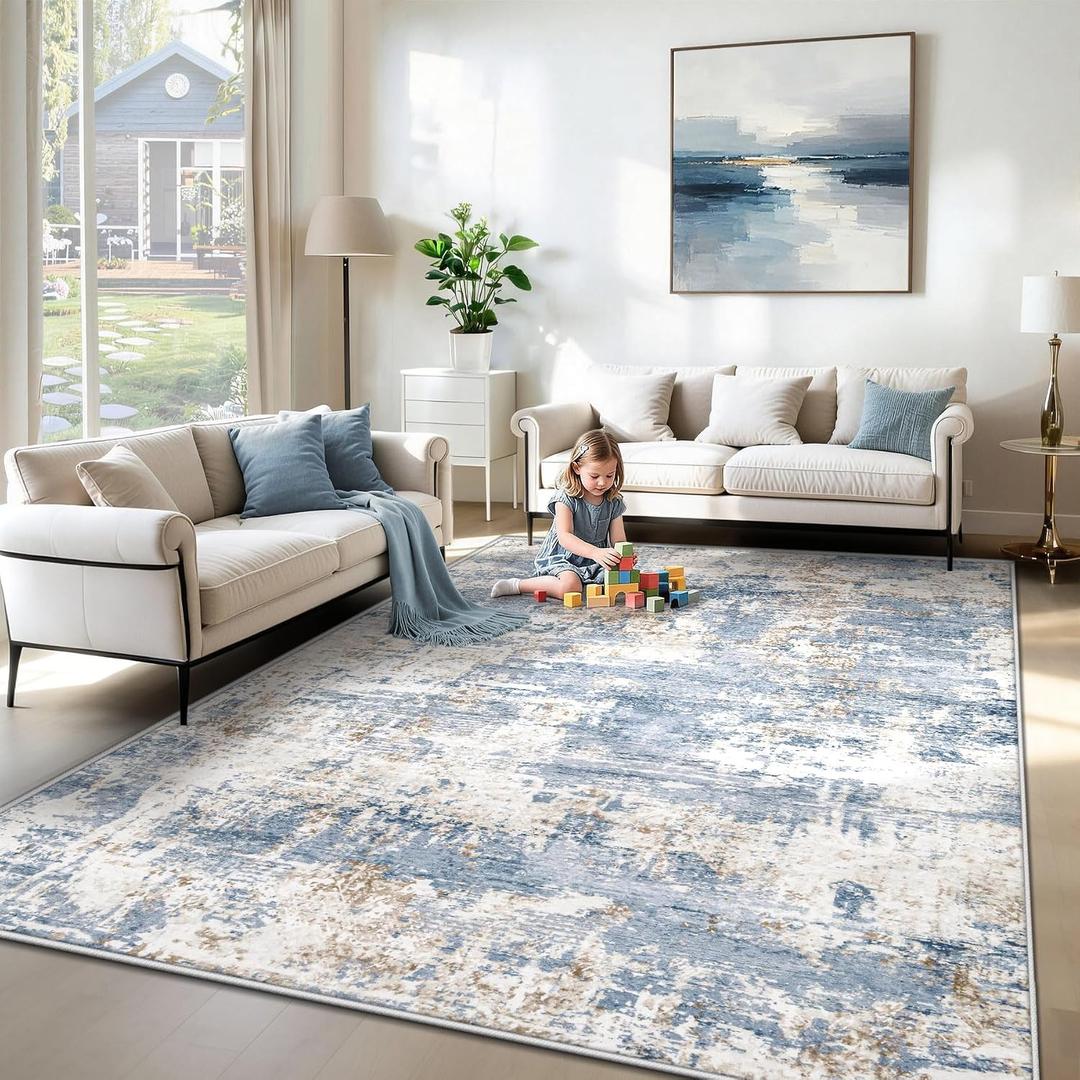 XLUEZ 6x9 Area Rugs for Living Room, Washable Modern Abstract Large Area Rug Neutral Soft Non Slip Kids Rug Stain Resistant Indoor Carpet for Bedroom Nursery Dining Room Playroom(Blue, 6'x9')