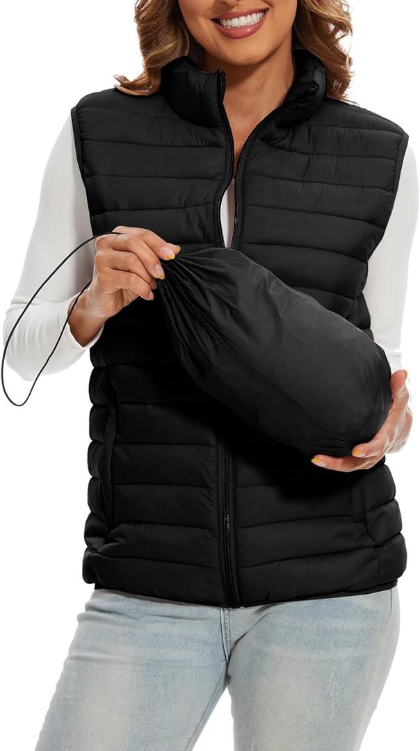 Women's Lightweight Water-Resistant Packable Puffer Vest Sleeveless Quilted Puffer Vest Outerwear (Large, Black)