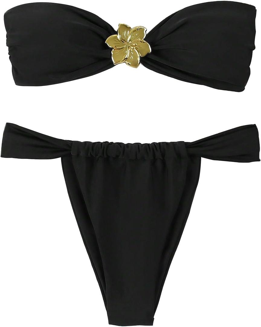 Women's Bandeau Strapless Bikini Sets Sexy Brazilian Swimsuits 2 Pieces (Medium, Black)